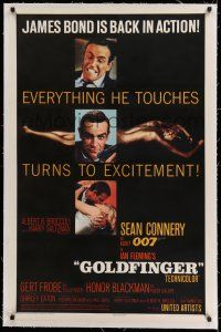 7x151 GOLDFINGER linen 1sh '64 3 great images of Sean Connery as James Bond + golden Shirley Eaton!