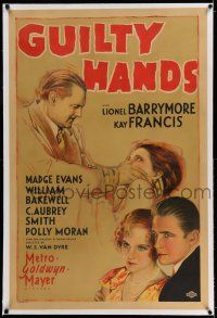7x159 GUILTY HANDS linen 1sh '31 stone litho art of Lionel Barrymore silencing Kay Francis, rare!