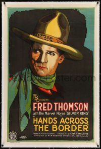 7x162 HANDS ACROSS THE BORDER linen 1sh '26 incredible stone litho of tough cowboy Fred Thomson!