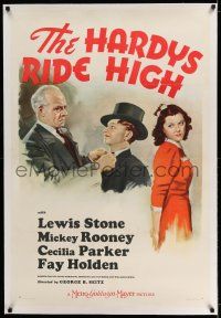 7x166 HARDYS RIDE HIGH linen style D 1sh '39 millionaire Mickey Rooney, Lewis Stone, Cecilia Parker