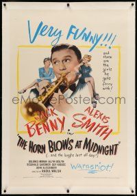 7x178 HORN BLOWS AT MIDNIGHT linen 1sh '45 angel Jack Benny is playing a trumpet to end the world!