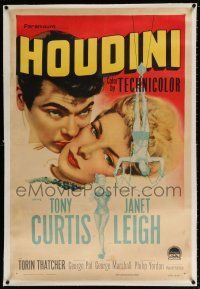 7x179 HOUDINI linen 1sh '53 art of magician Tony Curtis and his sexy assistant Janet Leigh!