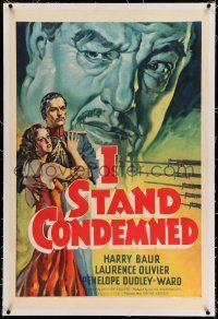 7x185 I STAND CONDEMNED linen 1sh '36 great art of Laurence Olivier w/beautiful girl + Harry Bauer!