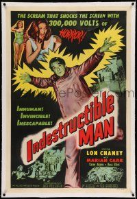 7x189 INDESTRUCTIBLE MAN linen 1sh '56 Lon Chaney Jr. as inhuman, invincible, inescapable monster!