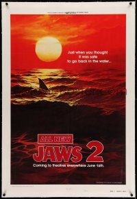7x197 JAWS 2 linen style B teaser 1sh '78 classic art of the shark's fin in red water at sunset!