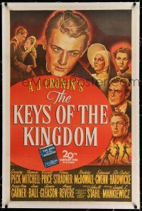 7x209 KEYS OF THE KINGDOM linen 1sh '44 stone litho of religious Gregory Peck, Vincent Price & more!