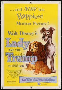 7x215 LADY & THE TRAMP linen 1sh '55 Walt Disney romantic canine dog classic cartoon, great art!