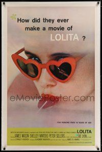7x228 LOLITA linen 1sh '62 Stanley Kubrick, sexy Sue Lyon with heart sunglasses & lollipop!