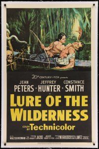 7x235 LURE OF THE WILDERNESS linen 1sh '52 art of sexy Jean Peters & wounded Jeff Hunter in swamp!