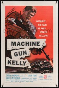 7x237 MACHINE GUN KELLY linen 1sh '58 without his gun Charles Bronson was naked yellow, cool art!