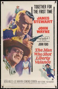 7x244 MAN WHO SHOT LIBERTY VALANCE linen 1sh '62 John Wayne & James Stewart 1st time together!