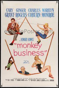 7x256 MONKEY BUSINESS linen 1sh '52 art of Cary Grant, Ginger Rogers, sexy Marilyn Monroe & Coburn!