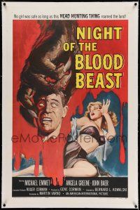 7x275 NIGHT OF THE BLOOD BEAST linen 1sh '58 art of sexy girl & monster hand holding severed head!
