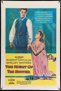 7x276 NIGHT OF THE HUNTER linen 1sh '55 Robert Mitchum, Shelley Winters, Charles Laughton classic!