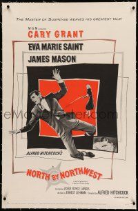 7x279 NORTH BY NORTHWEST linen 1sh '59 Alfred Hitchcock classic with Cary Grant & Eva Marie Saint!