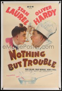 7x280 NOTHING BUT TROUBLE linen 1sh '45 great art of Stan Laurel & chef Oliver Hardy!