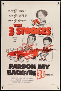 7x291 PARDON MY BACKFIRE linen 3D 1sh '53 The Three Stooges, Moe, Larry & Shemp, more 3-Deleriums!