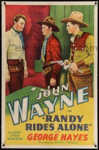 7x314 RANDY RIDES ALONE linen 1sh R39 stone litho of John Wayne confronting men cheating at poker!