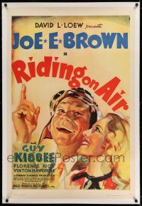 7x323 RIDING ON AIR linen 1sh '37 great art of smiling pilot Joe E. Brown & pretty Florence Rice!
