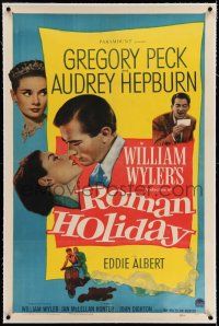 7x329 ROMAN HOLIDAY linen 1sh '53 Audrey Hepburn & Gregory Peck about to kiss and riding on Vespa!