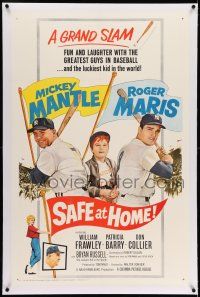 7x334 SAFE AT HOME linen 1sh '62 Mickey Mantle, Roger Maris, New York Yankees baseball, grand slam!