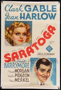 7x340 SARATOGA linen 1sh '37 wonderful art portraits of Clark Gable & beautiful Jean Harlow!