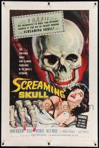 7x346 SCREAMING SKULL linen 1sh '58 great art of huge skull & sexy girl grabbed by skeleton hand!