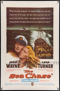 7x347 SEA CHASE linen 1sh '55 great seafaring artwork of John Wayne & Lana Turner + ship!