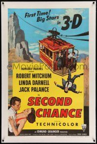 7x348 SECOND CHANCE linen 3D 1sh '53 cool 3-D art of Robert Mitchum, sexy Linda Darnell & cable car!