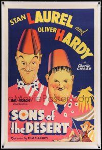 7x359 SONS OF THE DESERT linen 1sh R45 Hal Roach, wonderful artwork of Stan Laurel & Oliver Hardy!