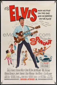 7x360 SPINOUT linen 1sh '66 Elvis playing double-necked guitar, foot on the gas & no brakes on fun!