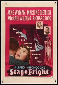 7x362 STAGE FRIGHT linen 1sh '50 Marlene Dietrich, Jane Wyman, directed by Alfred Hitchcock!