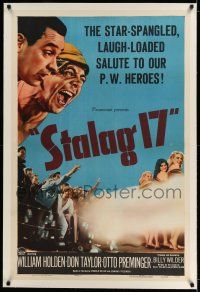 7x363 STALAG 17 linen 1sh '53 William Holden, Robert Strauss, Billy Wilder WWII POW classic!