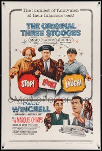 7x367 STOP LOOK & LAUGH linen 1sh '60 Three Stooges, Larry, Moe & Curly + chimpanzees & dummy!