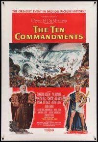 7x381 TEN COMMANDMENTS linen 1sh '56 Cecil B. DeMille classic, art of Charlton Heston & Yul Brynner!