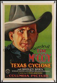 7x383 TEXAS CYCLONE signed linen 1sh '32 by cowboy daredevil Tim McCoy, great stone litho art!