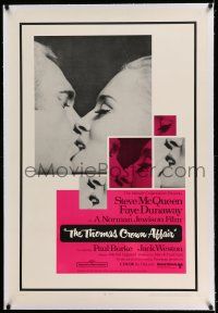 7x389 THOMAS CROWN AFFAIR linen 1sh '68 best kiss close up of Steve McQueen & sexy Faye Dunaway!