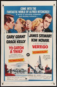 7x393 TO CATCH A THIEF/VERTIGO linen 1sh '63 Alfred Hitchcock, Cary Grant, Princess Grace Kelly!