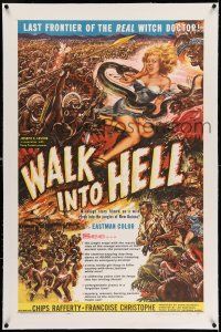 7x419 WALK INTO HELL linen 1sh '57 great art, starring & produced by Australian Chips Rafferty!