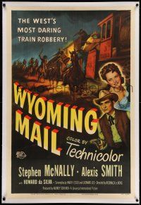 7x431 WYOMING MAIL linen 1sh '50 art of Stephen McNally, Alexis Smith & train hijacked by outlaws!