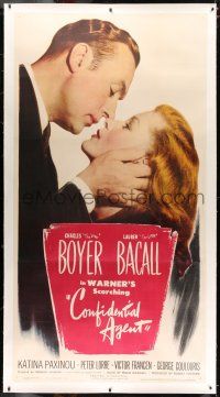 7y041 CONFIDENTIAL AGENT linen 3sh '45 c/u of Charles Boyer about to kiss Lauren 'The Look' Bacall!