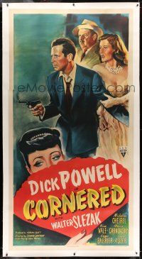 7y042 CORNERED linen 3sh '46 great artwork of Dick Powell pointing gun + Walter Slezak & top cast!