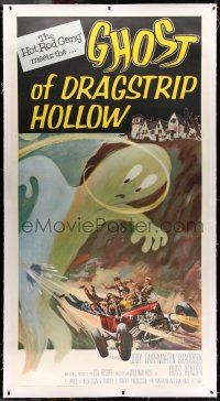 7y049 GHOST OF DRAGSTRIP HOLLOW linen 3sh '59 great Hot Rod Gang & giant ghost artwork image!