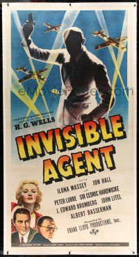 7y052 INVISIBLE AGENT linen 3sh '42 cool fx image of invisible man with WWII airplanes, Peter Lorre