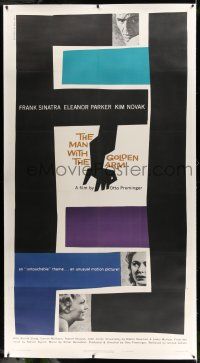 7y061 MAN WITH THE GOLDEN ARM linen 3sh '56 Sinatra is hooked, classic Saul Bass art & design!