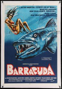 7y234 BARRACUDA linen Argentinean '78 great artwork of huge killer fish attacking sexy diver!