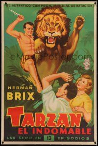 7y240 NEW ADVENTURES OF TARZAN linen Argentinean '35 different art of Herman Brix & lion, serial!