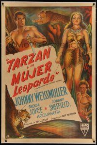 7y244 TARZAN & THE LEOPARD WOMAN linen Argentinean '46 art of Johnny Weissmuller & Acquanetta!