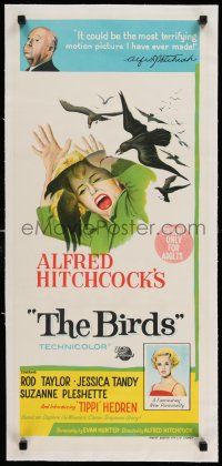 7y293 BIRDS linen Aust daybill '63 Alfred Hitchcock, Tippi Hedren, classic art of attacking avians!