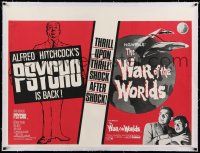 7y304 PSYCHO/WAR OF THE WORLDS linen British quad '65 Alfred Hitchcock & H.G. Wells!